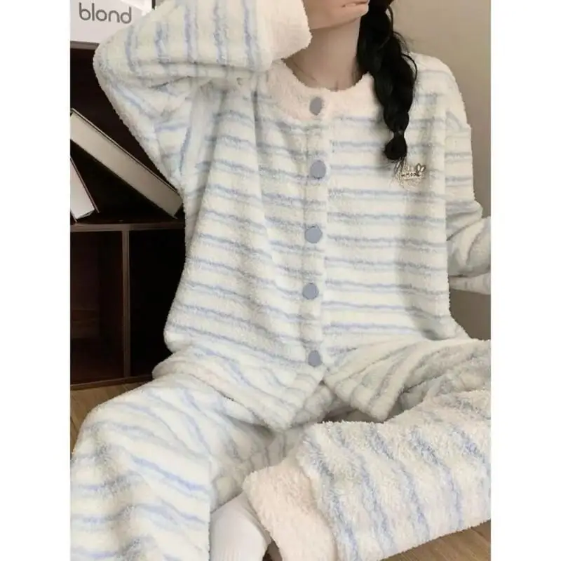 

New Hot 2026 Spring Autumn Fleece Pajamas Set Half Fleece Women Homewear Simple Stripe Korean Style Loose Fit Casual Warm Cozy