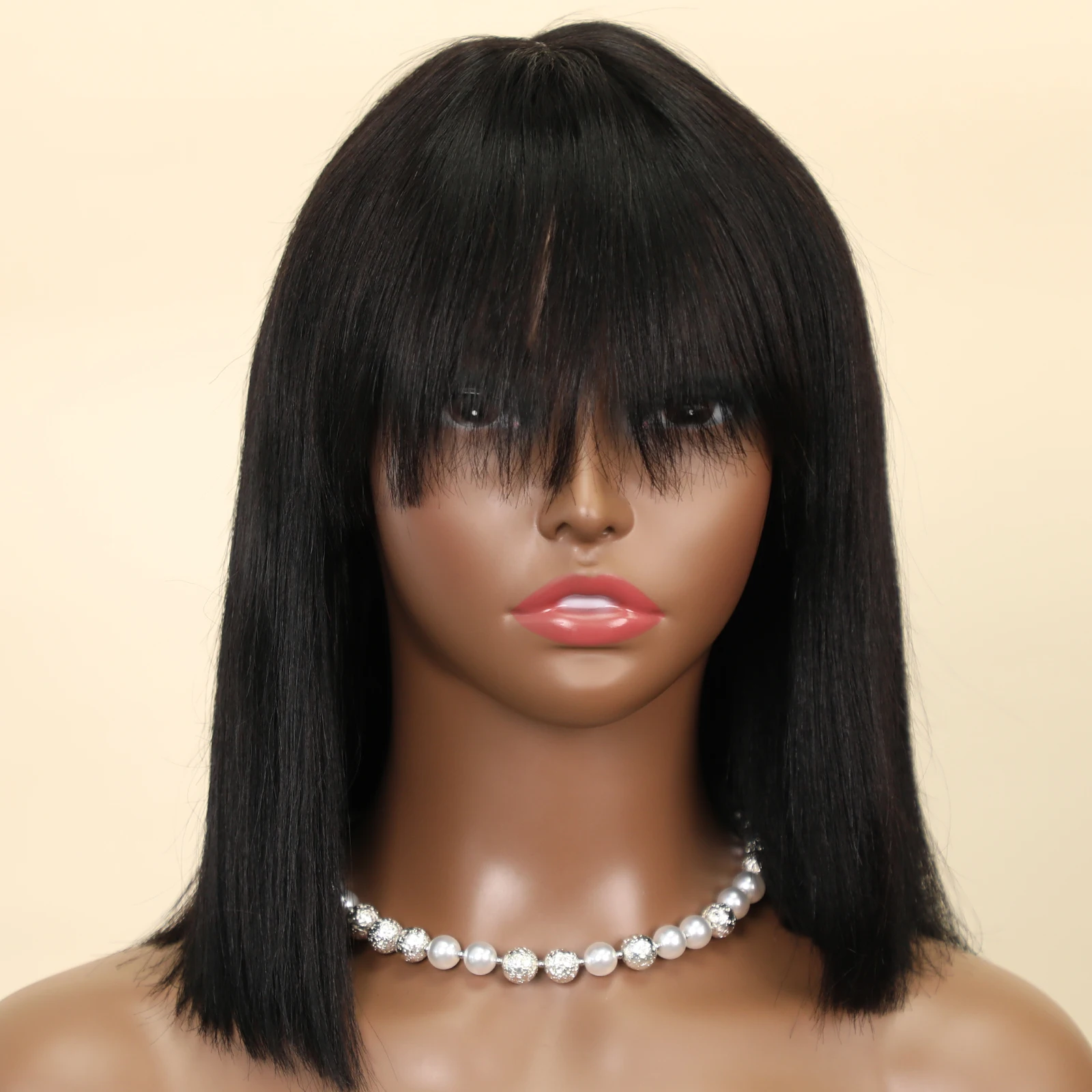 

12Inch Straight Glueless Wig With Bangs 2x1 HD Lace Layered Cut Remy Wig Natural Black Double Weft Short Bob Wigs For Women hoho