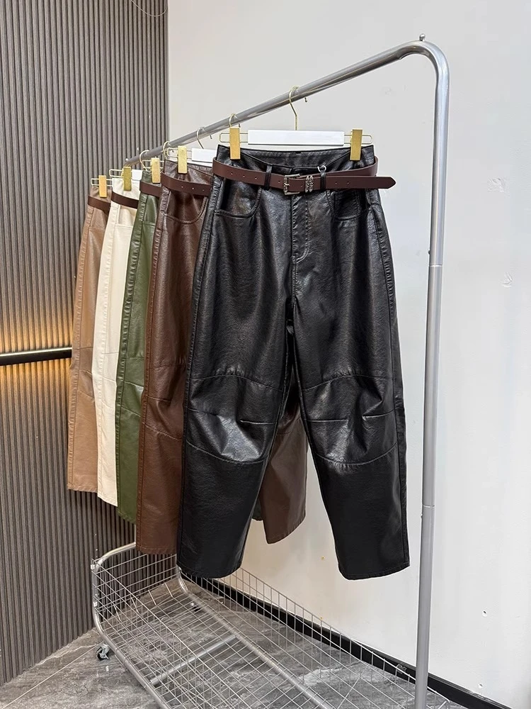 

Женские кожаные брюки 2025, новая мода Y2k, свободные брюки из искусственной кожи с высокой талией, зимние уличные прямые укороченные брюки-шарен в стиле ретро, широкие брюки