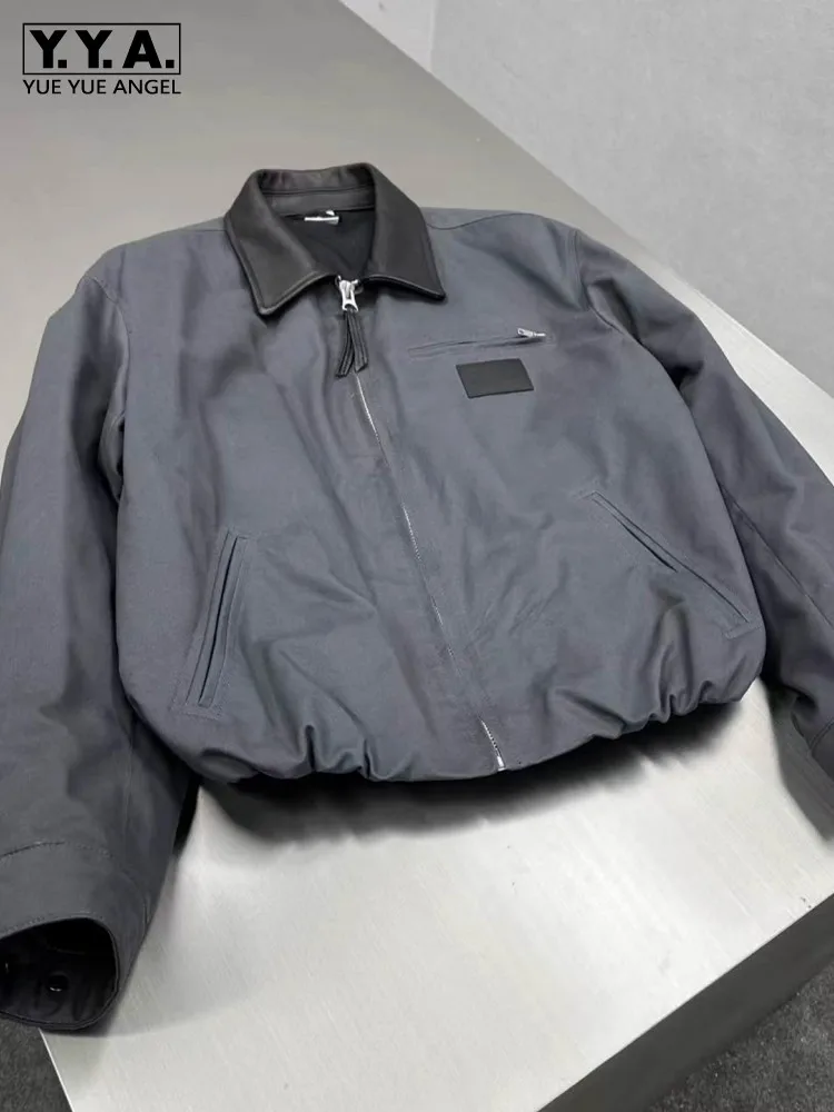 

Fashion Mens Autumn Windproof Loose Fit Business Casual Work Jacket Cow Leather Collar Spliced Outwear Pilot Coat Streetwear