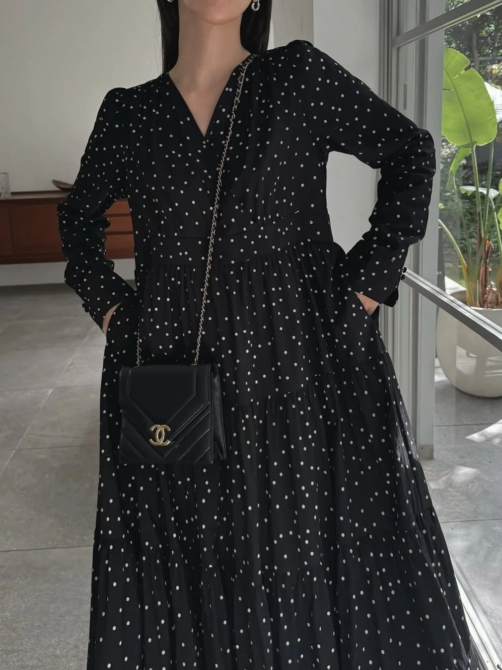 Ele V-Ne Long Sve 폴카 도트 프린트 Maxi Dr 여성 가을 ​​Faion Long Tea Break 스커트 Trend Street Sle Dr