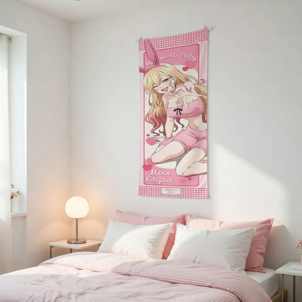 Marin Kitagawa My Dress-Up Darling Tapestry, Pink Bunny Girl Anime Wall Hanging for Bedroom Dorm Living Room Kawaii Gift