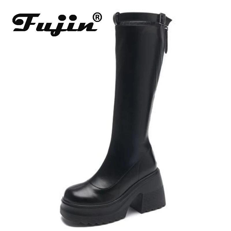 

Fujin 10cm 2024 Microfiber Platform Wedges Knee High Boots ZIP Woman Fashion Modern High Heels Spring Autumn Shoes Winter Plush