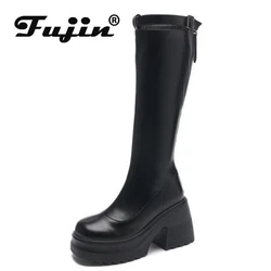 Fujin 10cm 2024 microfibra piattaforma zeppe stivali alti al ginocchio ZIP donna moda moderna tacchi alti primavera autunno scarpe inverno peluche