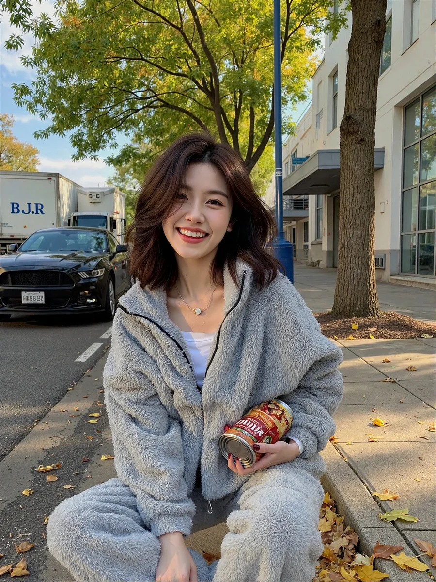 

Distinguished Pajama Sets Women Premium Flannel Thickened Long Sleeve Button-Front Top Elastic Waist Pants Winter Sleepwear Set