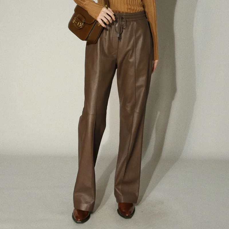 Genuine Leather Pants for Commuting with Elastic Waist Drawstring Long Sheepskin Wide Leg Pants