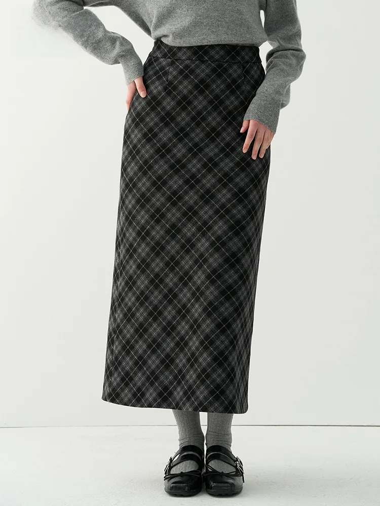American Retro Plaid Woolen A-Line  Skirt Women's Midi Skirt Slimming High Waist Wool Polyester Blend Casual Skirt