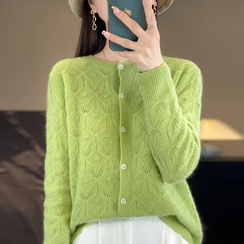 Hot selling women\'s cardigan 100% Merino wool sweater solid color knitted long sleeved hollow women\'s O-neck sweater thin versio