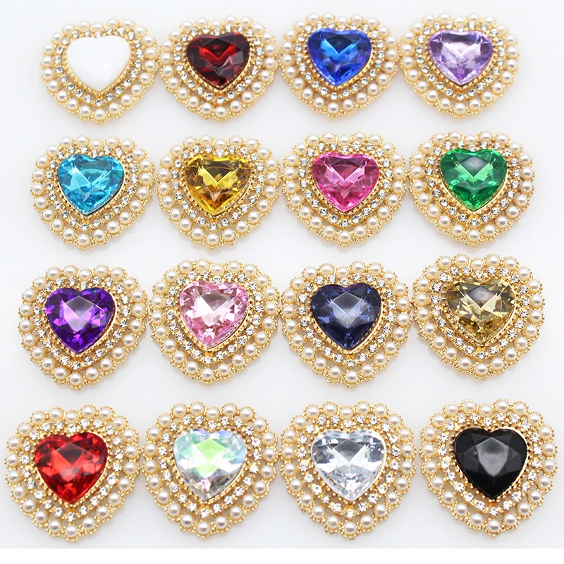 Brand New 10 Pieces 26*28mm Heart Shaped Faux Pearl Acrylic Rhinestone Buttons Handmade Metal DIY Wedding Decor Bow Hair Ornamen