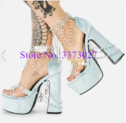 New Pink Blue Color String Bead Platform Sandals Lady Fashion Pearl Decor Chunky Heel Dress Sandals Sexy Female Banquet Shoes