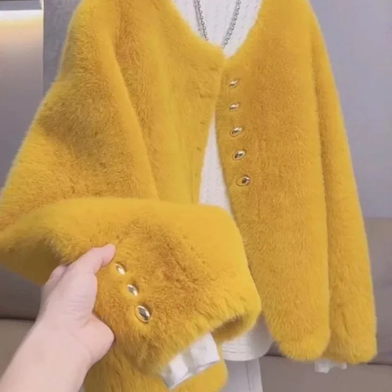 Autumn Winter Women Faux Mink Imitation Fur Coat 2026 Fashion Casual Round Neck Single Breasted Long Sleeve Warm Plush Outerwear
