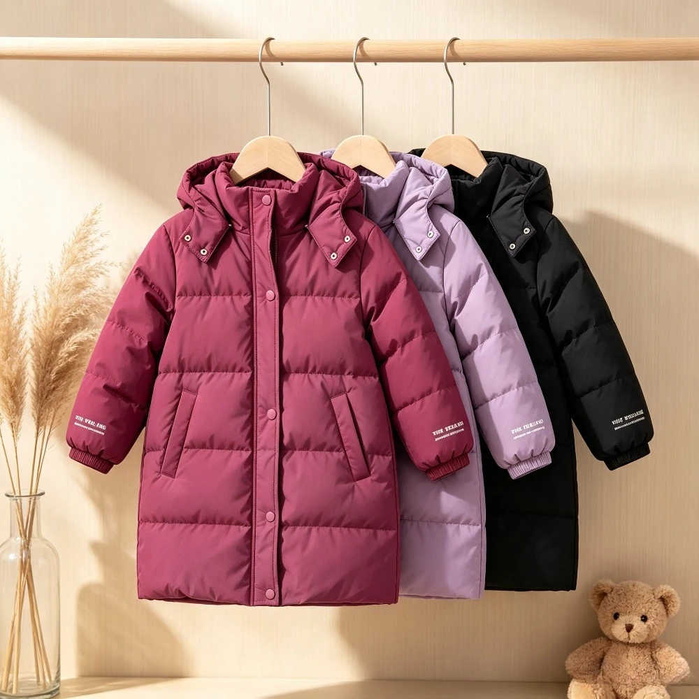 Kids Long Hooded Winter Coat Thick Padded Jacket with Windproof Cuffs and High Collar Boys Girls Warm Quilted Outerwear 2026 New