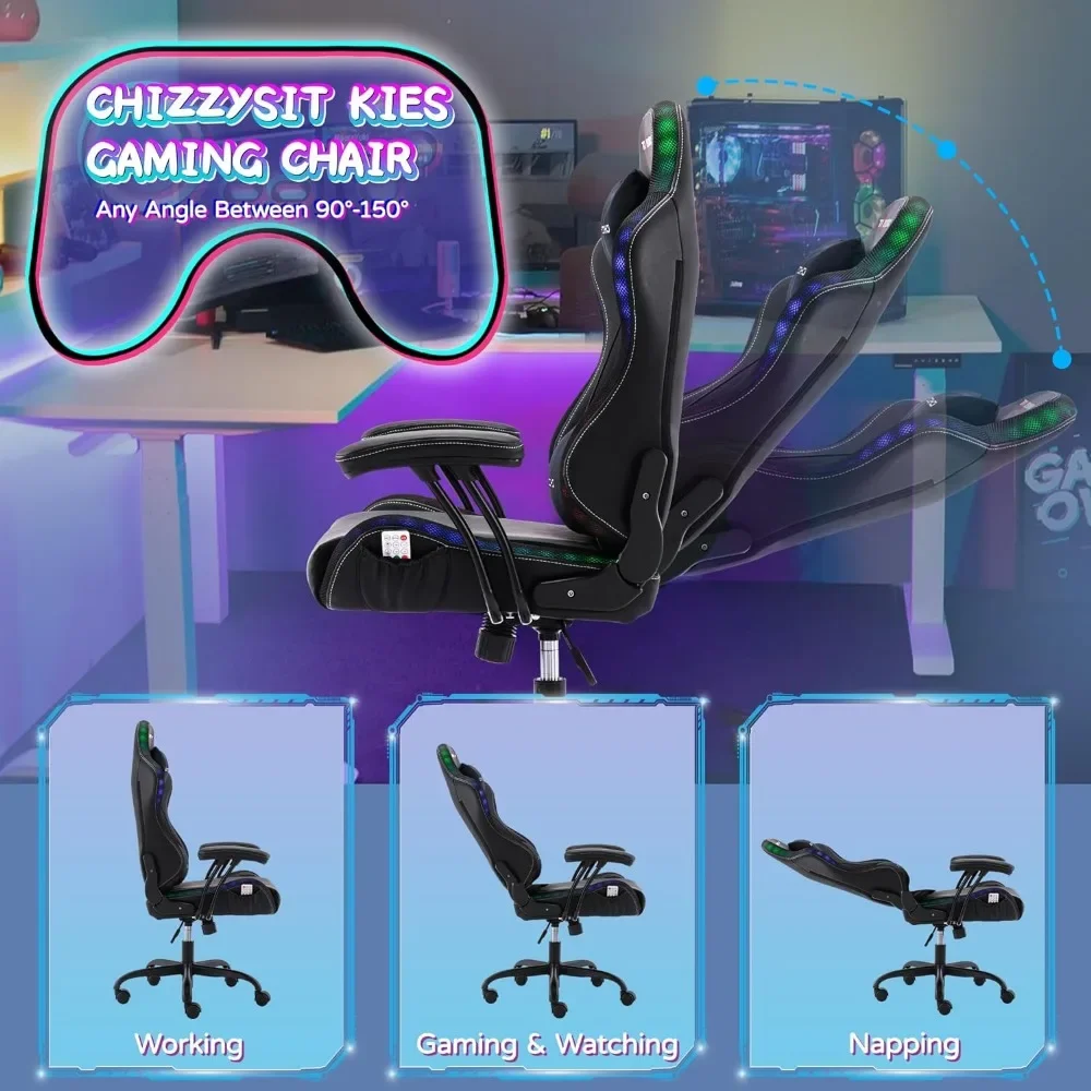 chizzysit Chair with RGB LED Lights Computer Chair with Adjustable Headrest Lumbar Support Ergonomic PVC Leather Gaming Chair
