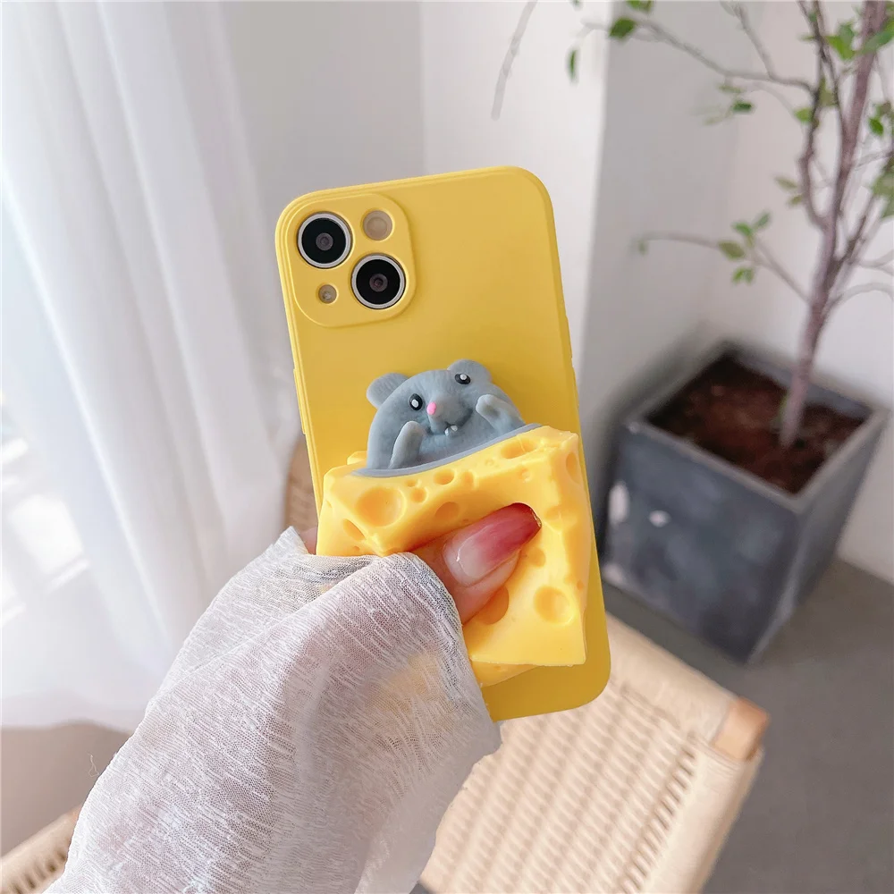 Cute Soft Yellow Cheese Mouse Bracket Case For iPhone 14 13 Pro Max 12 11 X XS XR 7 8 Plus Camera Lens Protective Silicone Cover