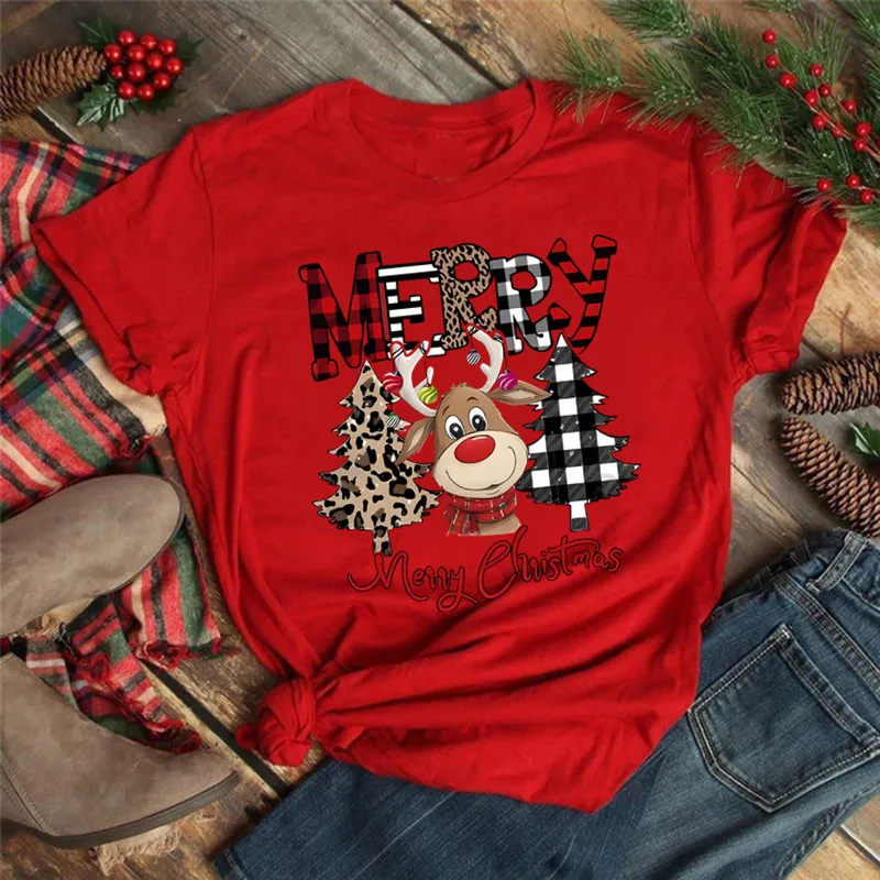 Cute Reindeer Leopard Print Women Christmas T Shirt Casual Cartoon Christmas Tree Graphic Short Sleeve Female T-Shirt