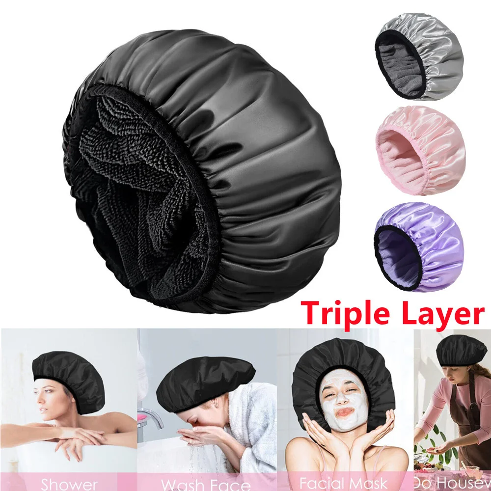 Adjustable Double Layer Satin Bonnet Nightcap Doubleside Women Round Shower Caps Night Sleep Polyester Hat Solid Black Lining