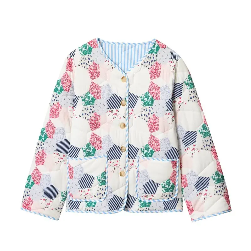 

Осень-зима, новая женская хлопковая куртка с v-образным вырезом и длинным свековым принтом, свободная универсальная верхняя одежда Ele Ladylike Sle