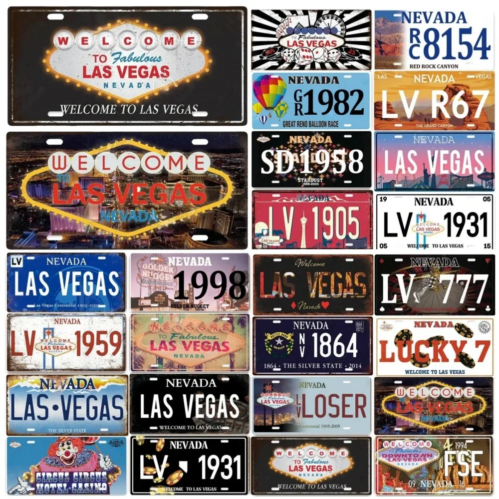 Vintage Metal Tin Poster Las Vegas Metal Tin Sign Licenses Plate Plaque for Garage Club Bar Club Hotel Cafe Retro Wall Decor