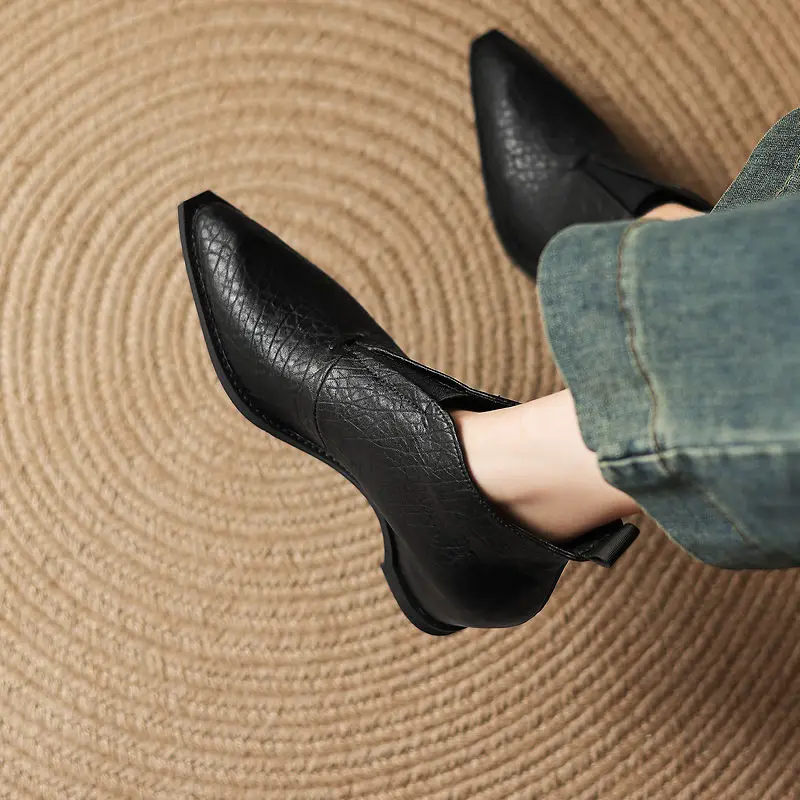 Women's Leather Pointed Toe Back Elastic Band Autumn Ankle Boots 5.5cm High Heel Elegant Ladies High Quality Soft Short Booties