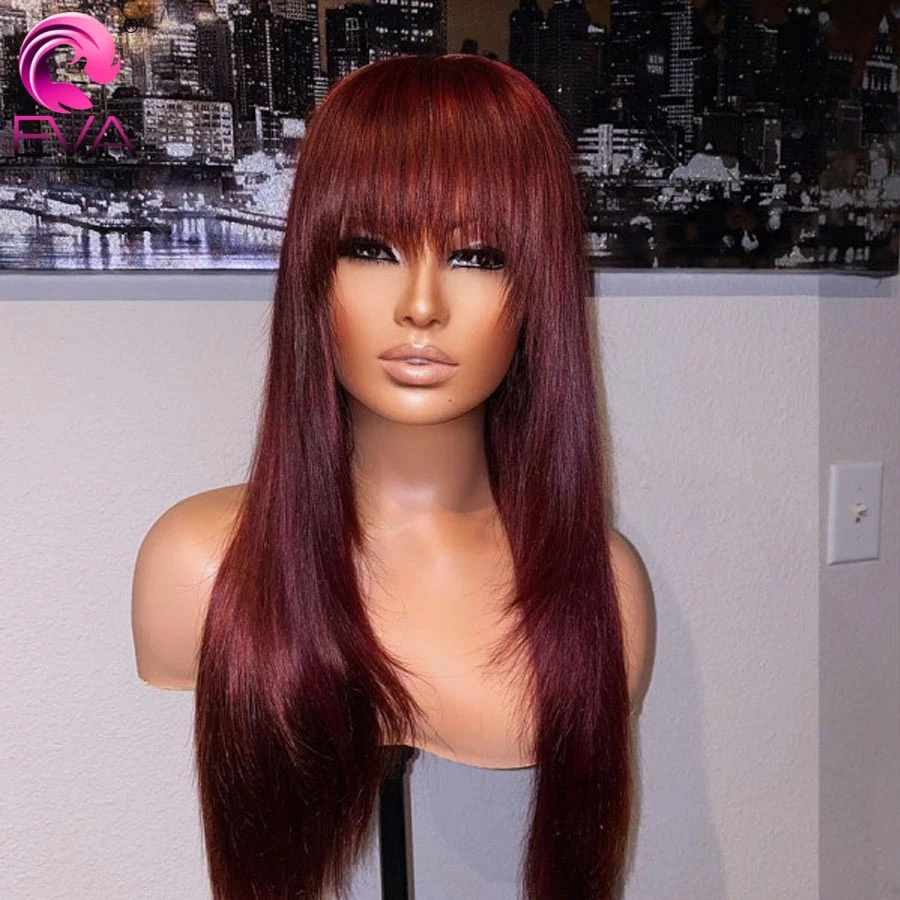 

Eva Burgundy Straight Lace Front Wig Human Hair 13x6 Hd Lace Frontal Wig With Bangs 99j 360 Full Lace Wig Glueless Pre Plucked