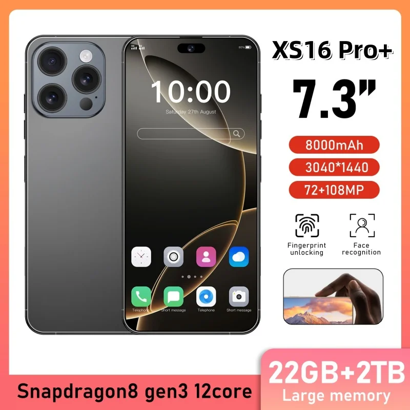 2025 ホットオリジナルブランドスマートフォン 7.3 インチ新 XS16 ProMax フルスクリーン 4 グラム 5 グラム携帯電話 8000mAh 携帯電話グローバルバージョン