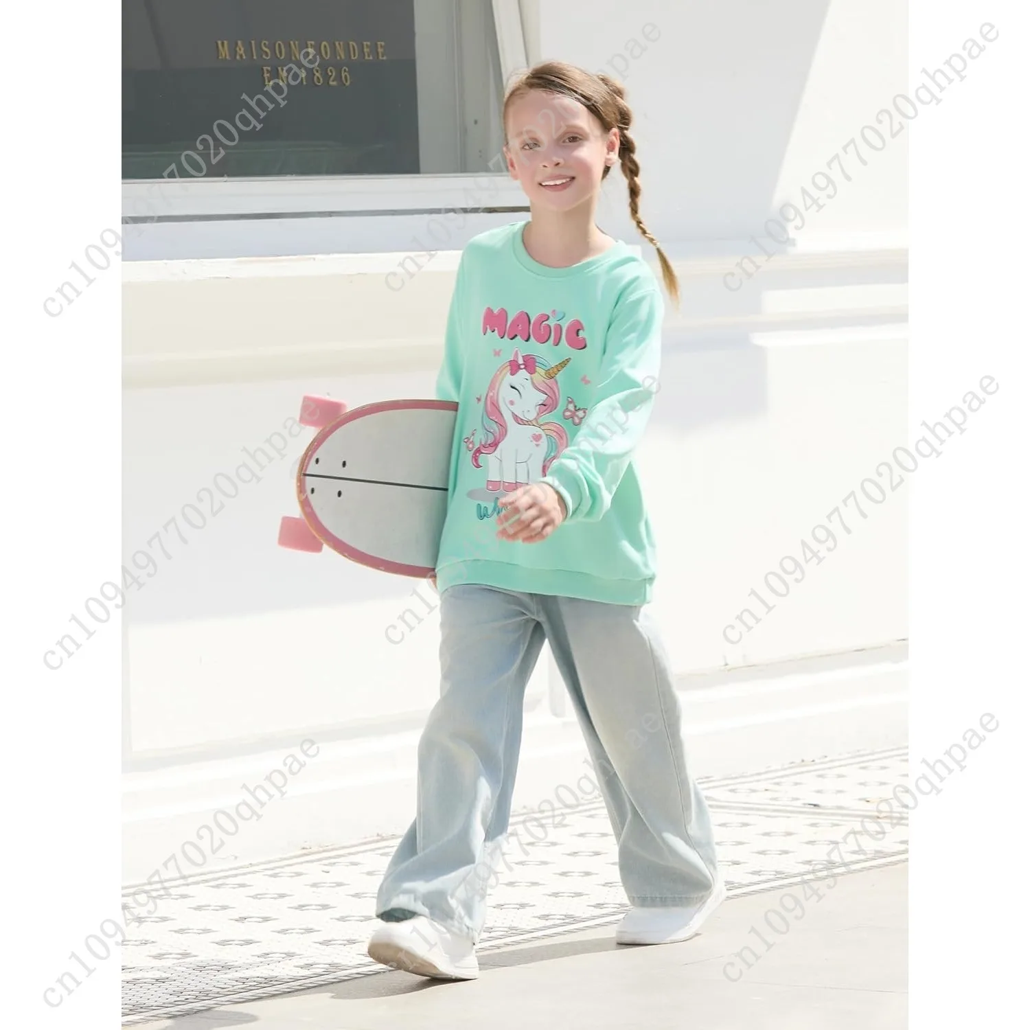 بات بات بلوزات الفتيات حجم 5-14 سنة الجرافيك البلوز كم طويل Crewneck قميص لطيف الكرتون ملابس كاجوال للفتيات