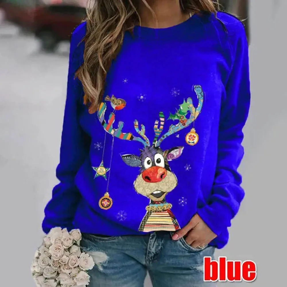 Womens Printed Sweatshirt Christmas Novelty Jumpers Xmas T-shirt Tops Long Sleeve Crewneck Casual Pullover shirt Plus Size S-6XL