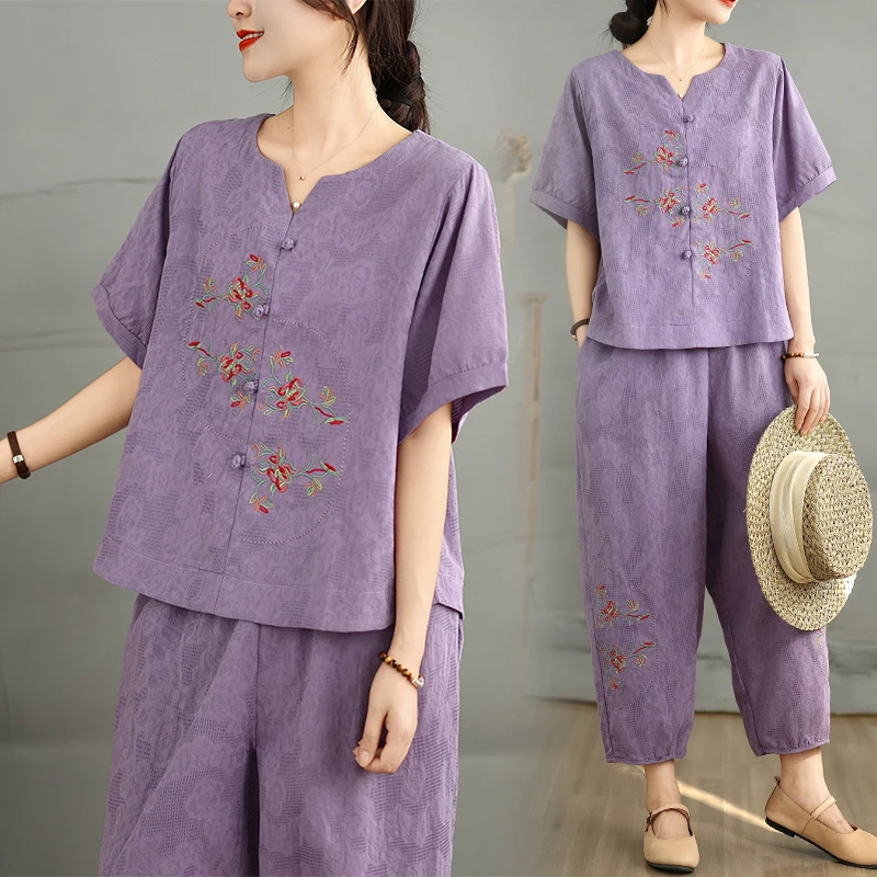 

Повседневные брюки Harlan из хлопка и льна с вышивкой, комплект из двух предметов, летняя одежда, женский комплект свободного кроя с V-Ne ort Sve, комплект из топа и брюк