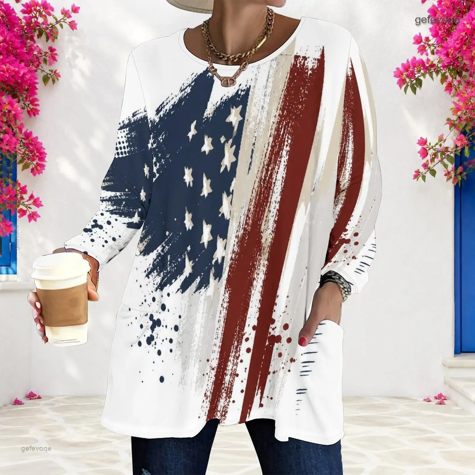 Women Distressed US Flag Print Round Neck Long Sleeve Loose Top With Side Pockets
