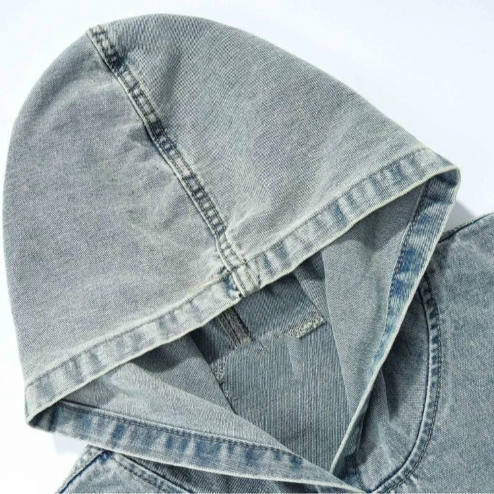 Women Gothic Denim Hoodie Cross Print Oversized Distressed Y2K Aesthetic Streetwear Autumn Winter Loose Fit Graphic Hooded tops