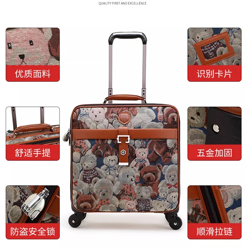 Oxford cloth new bear suitcase canvas strong durable women\'s large capacity pull rod travel cartoon box male boarding luggage