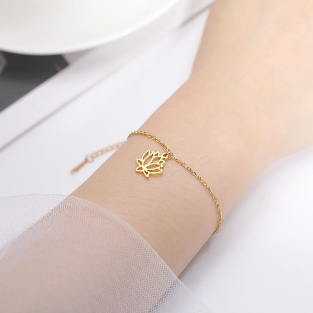 Lucktune Lotus Flower Charms Bracelets Stainless Steel Buddhism Gold Color Chain Bracelet for Women Fashion Boho Jewelry Gift