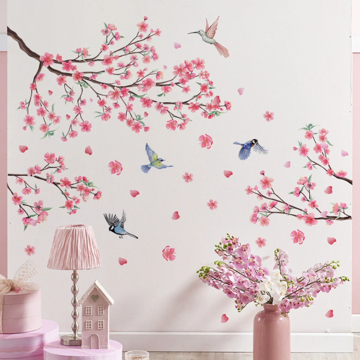 Branch and Bird Cherry Blossom Wall Stickers Self-Adhesive Wallpaper Decals for Living Room Bedroom Home Decor Wholesale