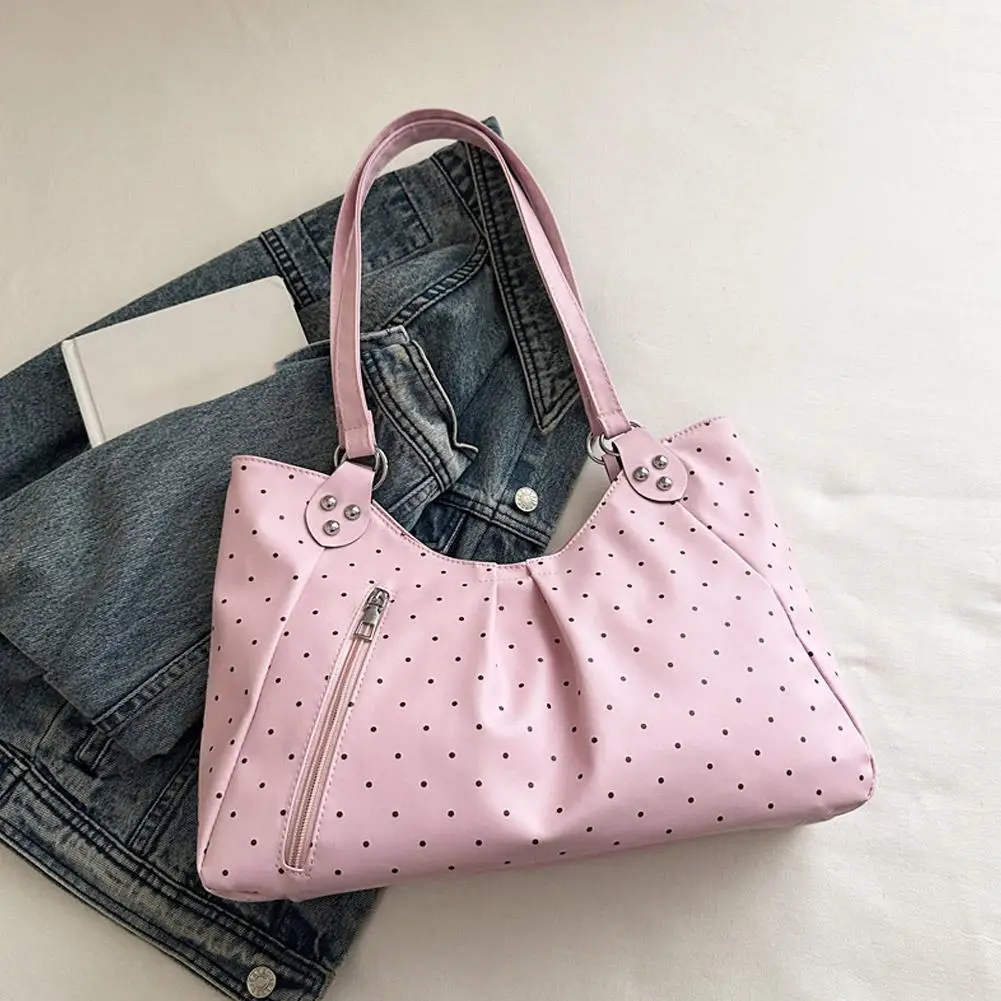 Damen-Umhängetasche, Vintage-Polka-Dot-Design, Pendler-Tragetasche, große Kapazität, PU-Leder-Handtasche, Unterarmtasche für Schule, Büro und den täglichen Gebrauch. – Detail 12