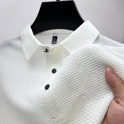 Summer Men's Silk Hollow Knitted Polo Shirt Korean Luxury Fashion Business Leisure Comfortable and Breathable Short Sleeved Top