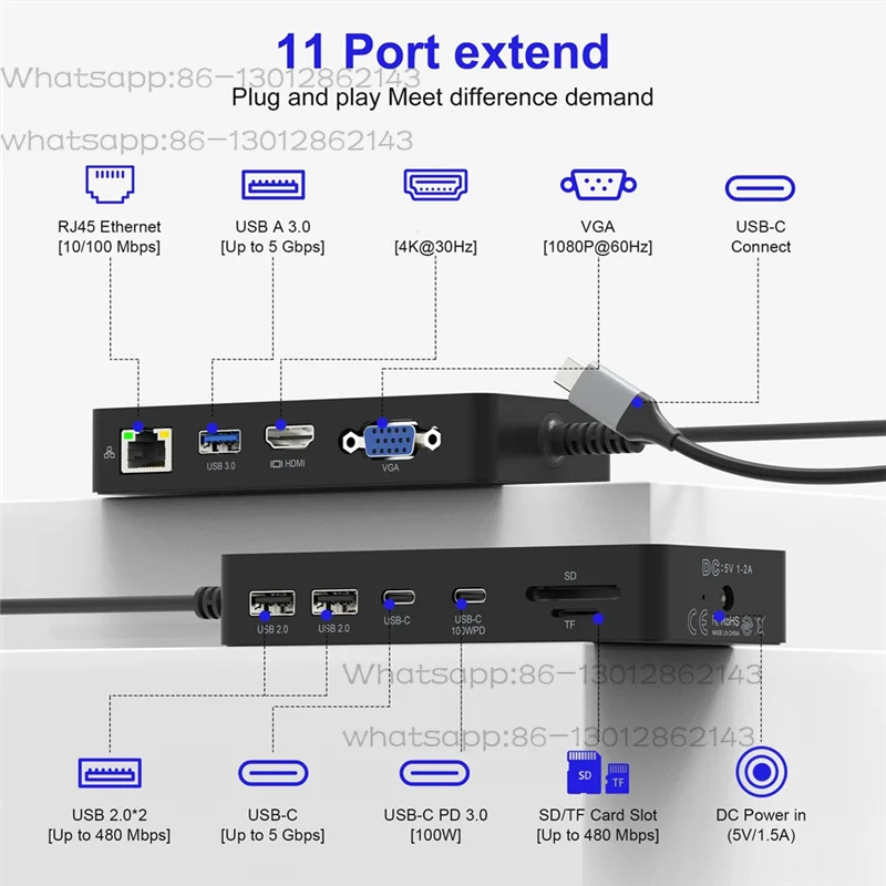 USB C Surface Dock 11-In-1 With Power Supply - Triple Display Docking Station 2 + VGA For Surface Pro Series 11/10/9/8/X/7-