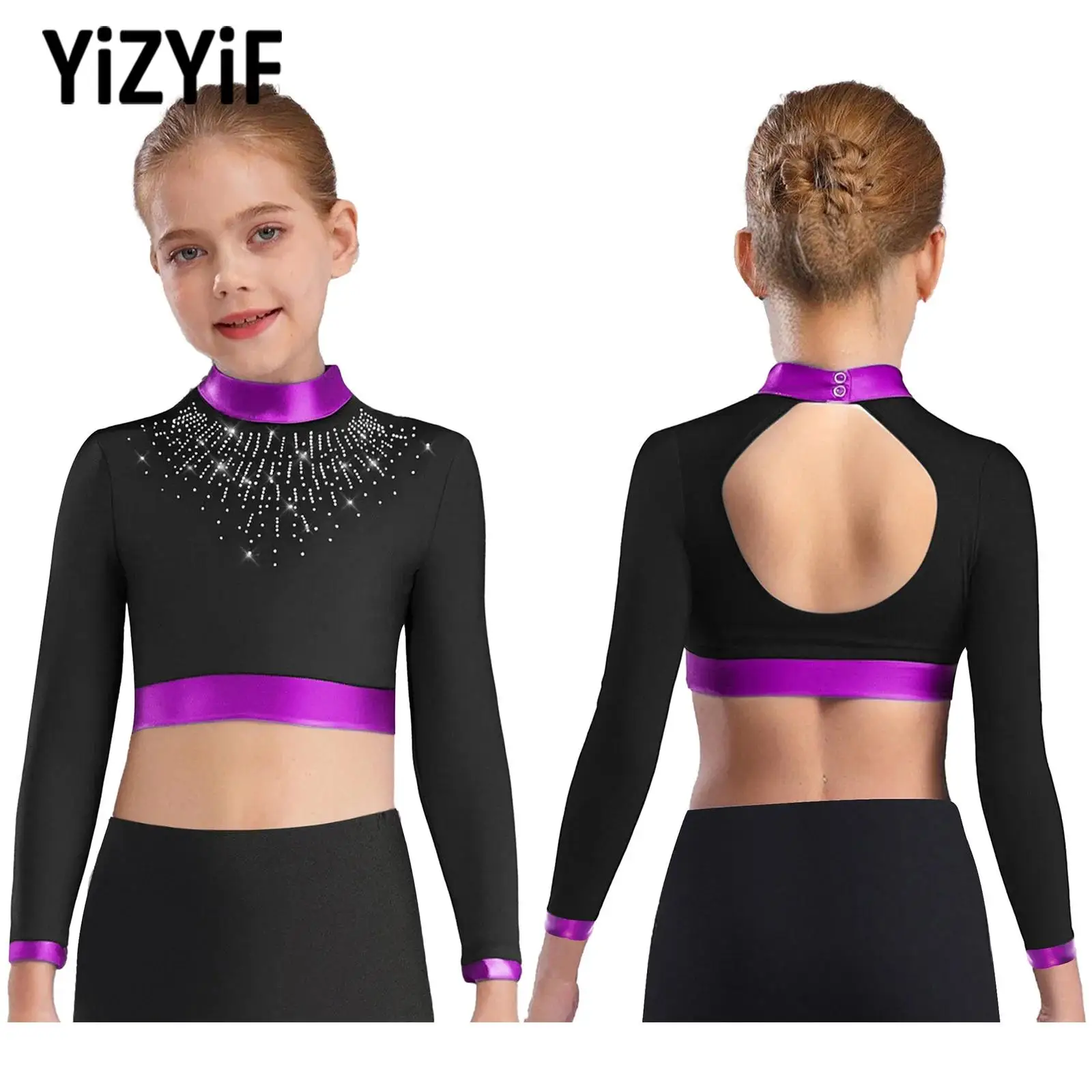 

Fashionable Girls Ballet Gymnastics Performance Stage Show Costume Metallic Long Sleeves Cutout Back Shiny Rhinestones Crop Top