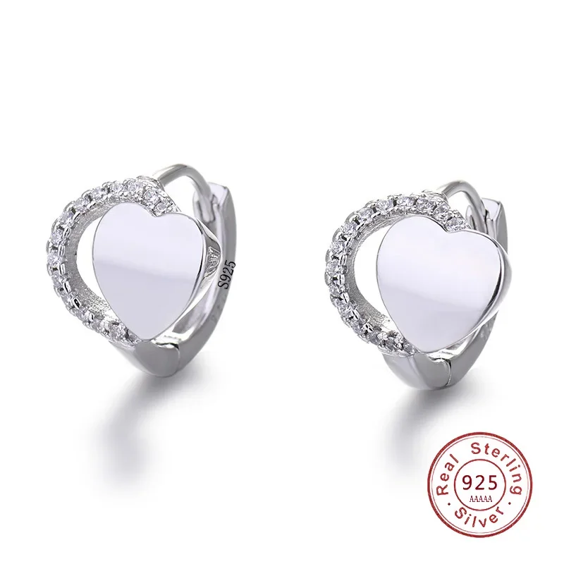 Cute with 925 Stamp SIlver Needle Love Heart Zircon Hoop Earring for Women Children Student Charm Wedding Jewelry Party Gift