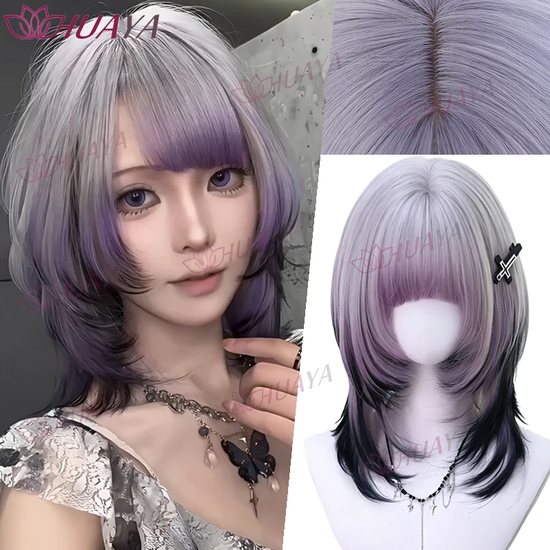 

HUAYA Halloween Gothic Ombre Gray Purple to Black Wolf Cut Wig, Anime Lolita Cosplay Layered Short Hair Wig with Bangs