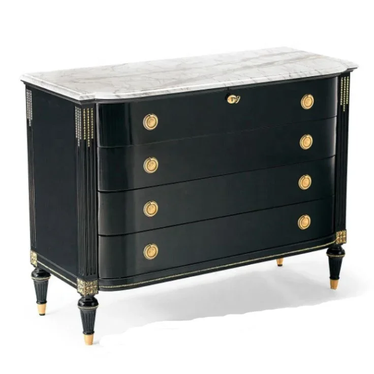 Classic smart luxury design black white marble wooden side board cabinet 4 Drawers chest