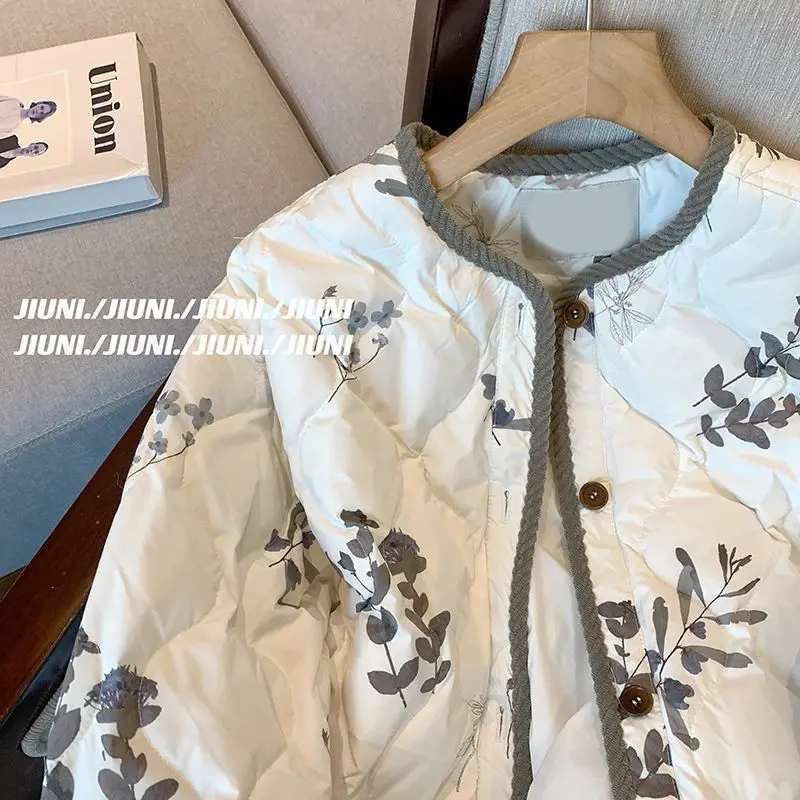 Abrigo de algodón acolchado con bordes de pana para mujer, elegante chaqueta Bomber con estampado Floral Y2K estético, ropa de calle de moda