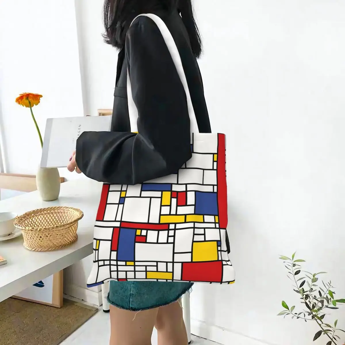 Piet Mondrian Shopping Bags Canvas The Tote Bag Folding for Women Shoulder Tote Travel Handbag
