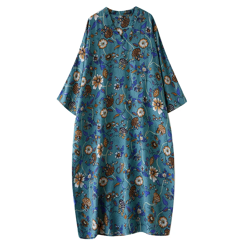 Robe longue rétro à col en V pour femmes, style vacances coloré, robe de voyage, coton chanvre, décontracté, printemps, automne, nouveau, A360