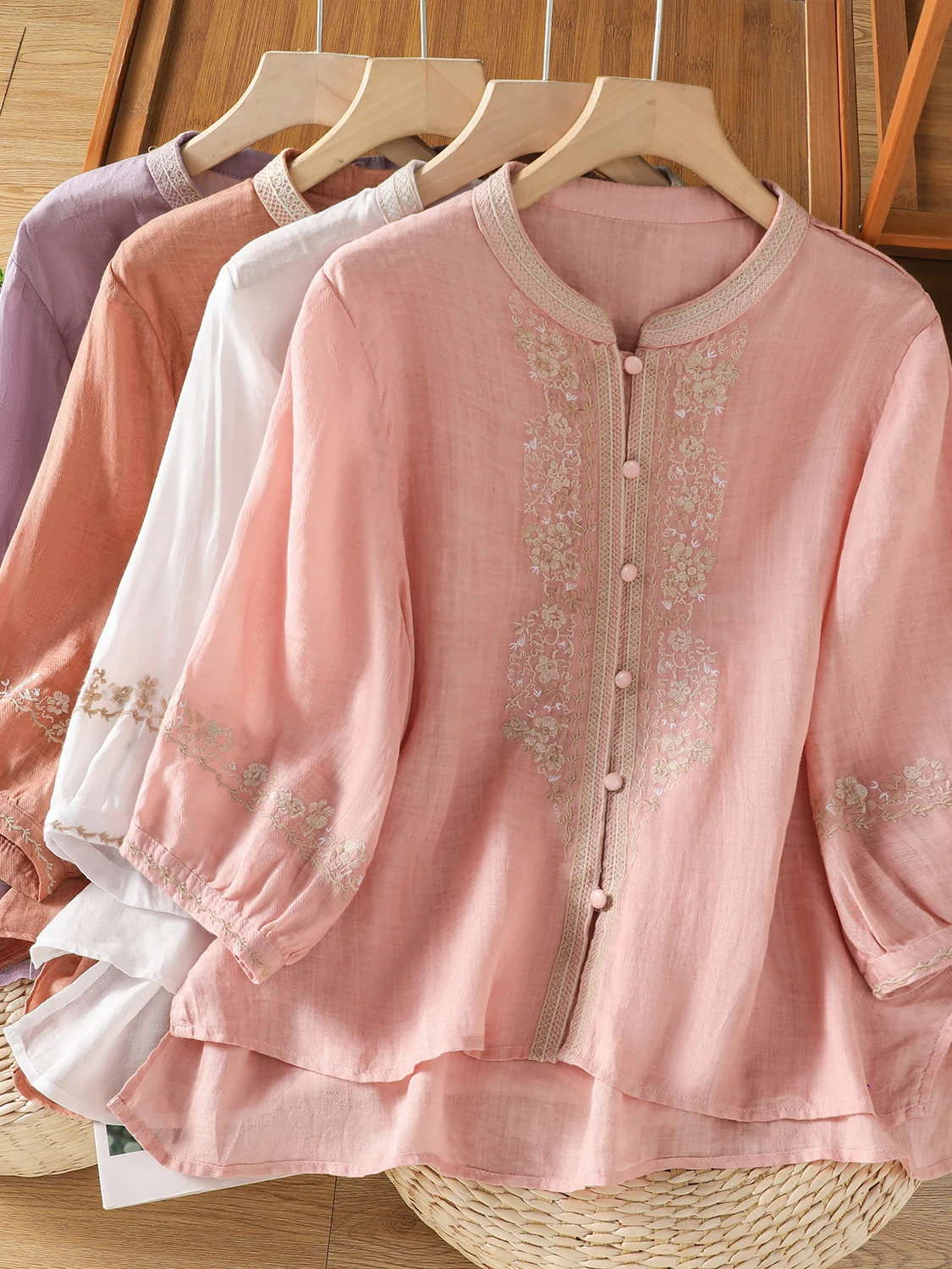 

Artistic Heavy Embroidery Cotton Linen Shirt Loose Slimming Long Sleeve Stand Collar Top Thin Summer Casual Wear for Women