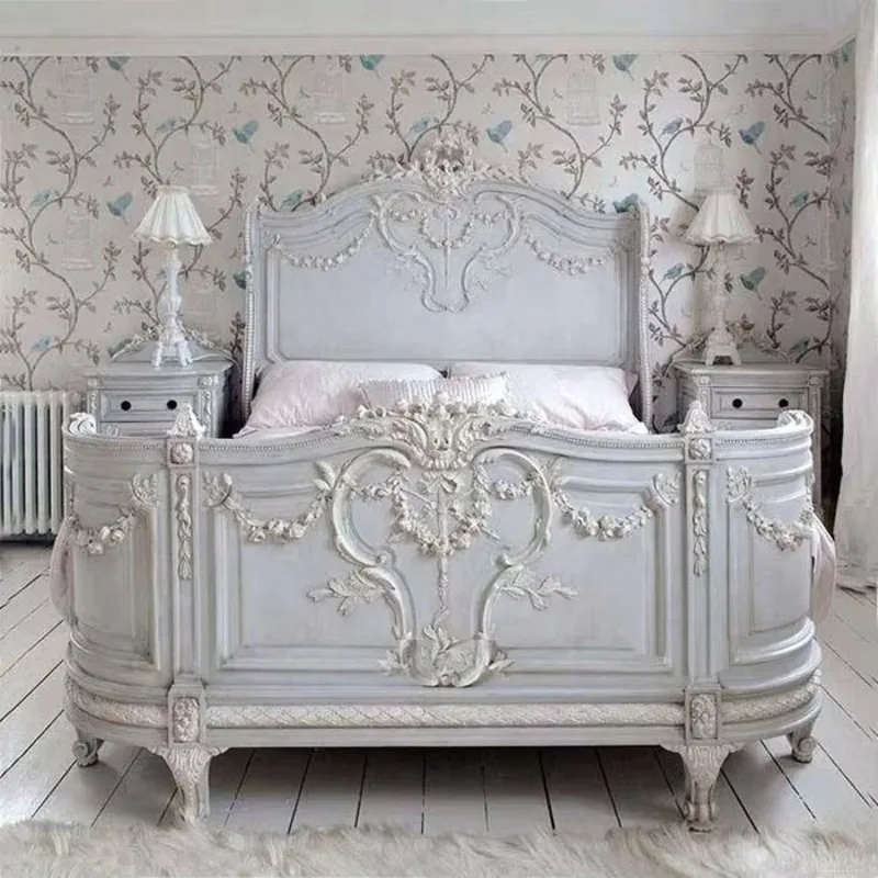 High-end Carving Craft French Antique Luxury Bedroom Furniture Set Wood king Queen Size Royal Beds