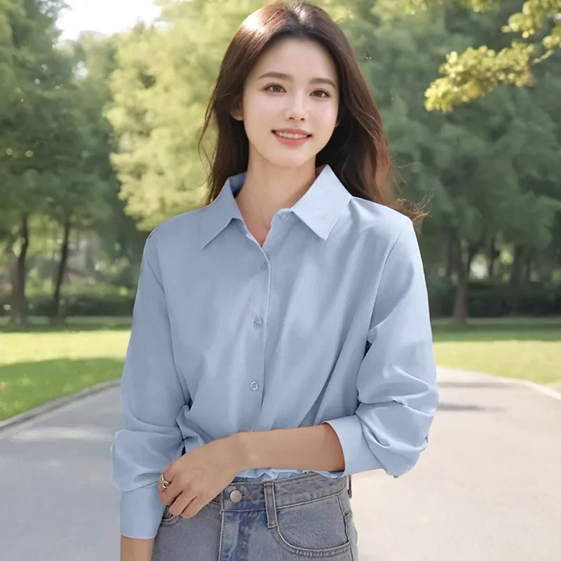 Korean Style Simple White Shirt Women's Spring Autumn New POLO Collar Idle Style Professional Versatile OL Shirt