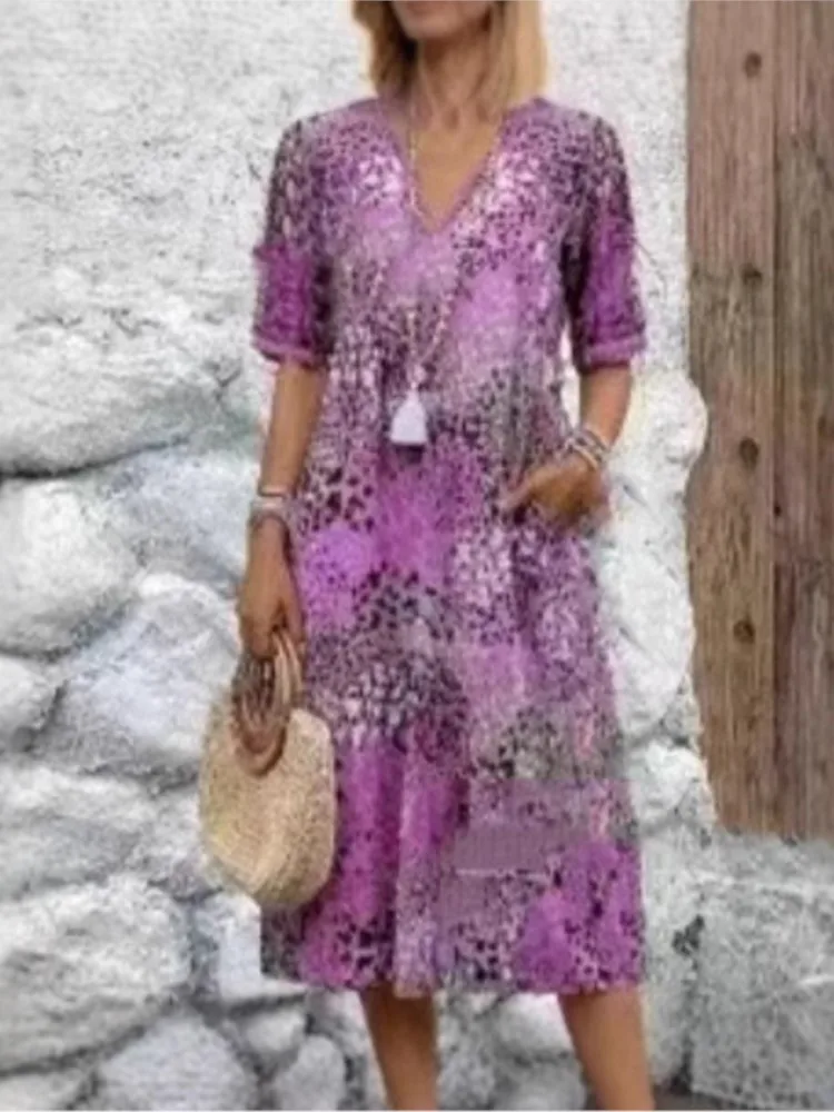 Letnie Nowe Sukienki Midi w Stylu Vintage dla Kobiet 2025 Boho z Kwiatowym Nadrukiem Luźna Długa Sukienka Codzienna z Krótkim Rękawem i Dekoltem w Serek Szlafrok