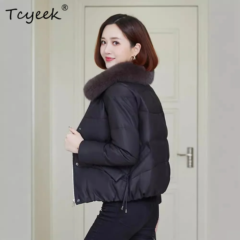 Tcyeek Real Sheepskin White Duck Down Autumn Winter Square Collar Black Women's Genuine Leather Jacket Женская Кожаная Куртка