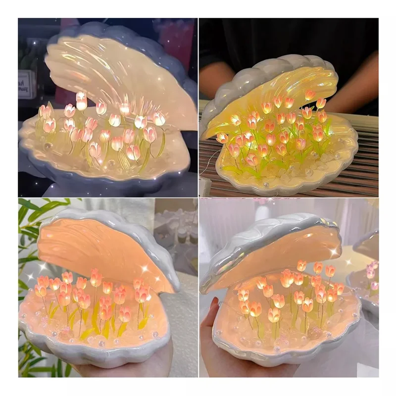 

DIY Shell Tulip Night Light Handmade DIY Tulip Girl Living Room Night Light Desktop Light Romantic Ambient Lamp Easy To Use Pink