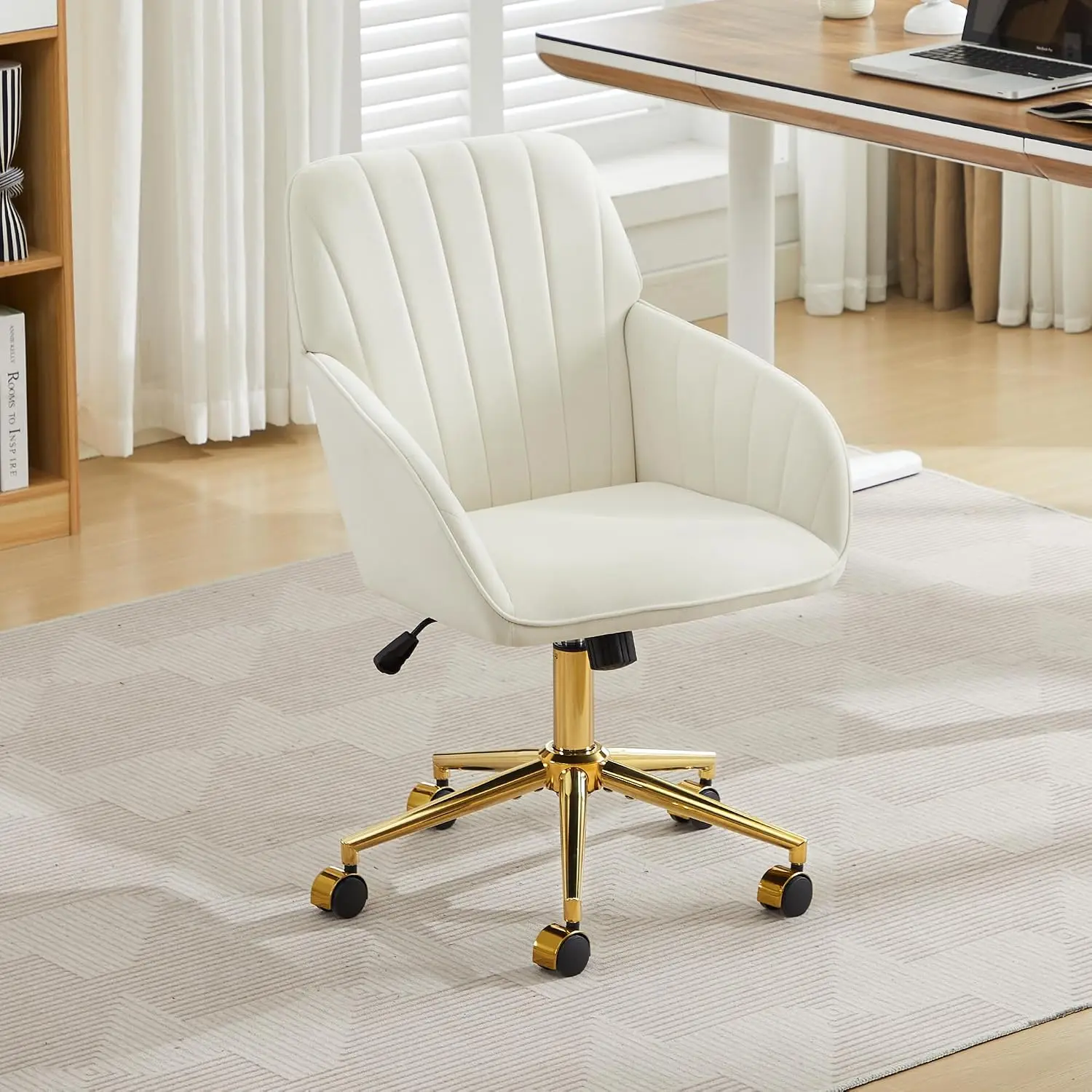 Velvet Office Desk Chair with Wheels and Gold Base,Modern Height Adjustable 360 Degree Swivel Upholstered Vanity Chairs